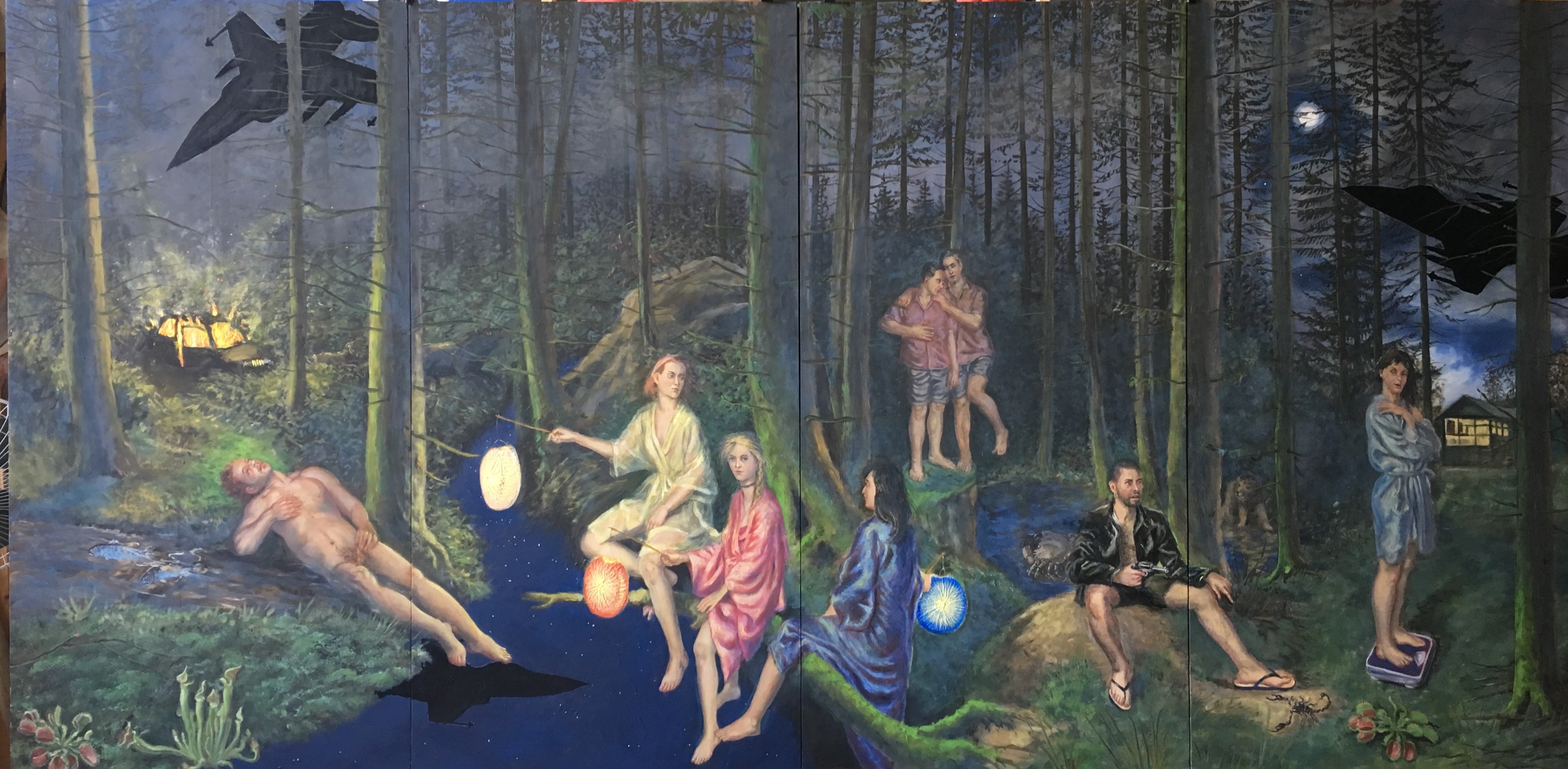Nacht, erste Öffnung, 2019, mixed media auf Holz, 140 x 280 cm